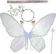 Fairy Wings for Adults and Girls，Fairy Costume Set with Floral Garland, Wand & Elf Ears – Organza Butterfly Wings