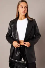 Ally Fashion Black Jacket Faux Leather Collared - Size 12, Women's Jacket