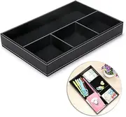 BTSKY Desk Drawer Organizer- Flat 4-Slot Leather Drawer Tray Desk Office Supplies Stationery Sundries Gadget Container Dresser Top Organizer Box(Black)