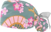 [WOSHJIUK] Working Hat 2 Pack Scrub Caps for Women,Fan Flower Pink Cherry Blossom,Tie Back Cap Adjustable Scrub Hat