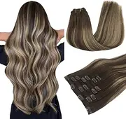 MAXITA Real Hair Clip-In Extensions 40 cm 16 Inches 120 g 7 Pieces Balayage Chocolate Brown to Honey Blonde Clip-In Extensions Real Hair Natural Hair Extensions Real Hair