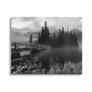 Black & White Cloudy Scenery Lake Bridge Foggy Mountains, Design by Daniel Sp...
