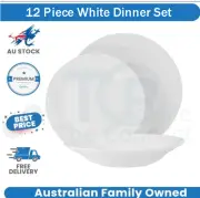 12 Piece White Dinner Set: 4x Dinner Plates 4x Side Plates 4x Bowls Dining White
