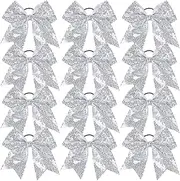 Jeffan 12 Pcs Large Silver Glitter Cheer Bow Hair Ties - 8" Big Hair Bows for Sports Cheerleaders Accessories, Teens Women Cheerleader Girls, 12 Count