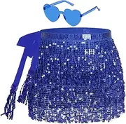 [SUMERSHA] Sequin Belly Dance Hip Scarf Tassel Wrap Sparkly Fringe Skirt with 1 Pair Heart Sunglasses Party Rave Costume for Women