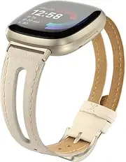 [Tuocal] Genuine Leather Strap Compatible with Fitbit Versa 4 Strap/Versa 3 Strap Fitbit Sense Strap Women Men, Slim Thin Soft Breathable Replacement Wirstbands with Hollow Design for Versa 4 Versa 3