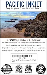 Pacific Inkjet - 20 Sheets Professional Luster Inkjet Photo Paper 11mil 268gsm for Beautiful Prints That Last Generations (11-x-17-inch)