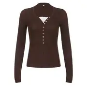 Long-Sleeve Panel Lace Button-Up Knit Top Brown - S