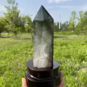 0.87kg Natural Ghost Quartz Obelisk Reiki Crystal Wand Point Tower Decor + Stand