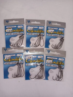 6 Gamakatsu Offset Shank Worm Hooks Size 1/0 #07411,