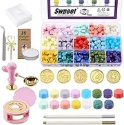 Swpeet 465Pcs Seal Stamp Kit With Wax Beads, Stamp, Warmer, Vintage Envelopes and Tealight Candles for Letter Sealing, Invitation Cards