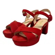 Prada Crisscross Red Suede Platform Heels Chunky Heeled Scrappy Sandals Size 5