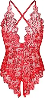[Donnalla] Women's One Piece Teddy Plunging Lace Bodysuit Elegant Honeymoon Lingerie