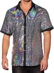 [Generic] Sequins Shirts for Men's Short Sleeves Party Sparkly Metallic Shirt