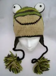 FROG HAT knit ADULT green Fleece LINING mens women ANIMAL SKI CAP costume toad