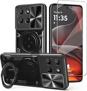[WRTBS] Phone Case for Motorola Moto G15 Case with Glass Screen Protector, Built Slide Camera Protection Cover,Military Heavy Duty Full Body Protective Phone Case - Black