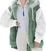 [Qolkmuiy-GJ] Women Casual Plus Size Fleece Jacket Sherpa Hoodie Lined Zip Up Outwear Winter Plush Teddy Bear Coat with Hood (Green 1,M), Green 1, M