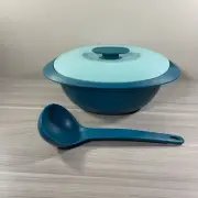 Tupperware Blossom Soup Server Bowl With Ladle Lid 7.5 Cup Aqua Mint Tureen New!
