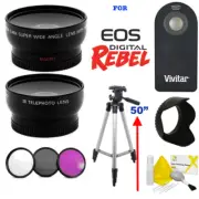 WIDE ANGLE LENS + TELEPHOTO LENS + TRIPOD +HOOD FOR CANON EOS REBEL T3I T5I T2I