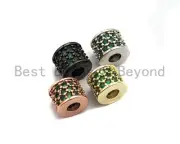 CZ Big Hole Drum Barrel Green Micro Pave Spacer Beads, Gold/Rose