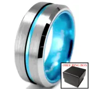 Silver Tungsten Carbide Ring Thin Blue Line Police Officers Wedding Band Comfort