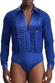 [TiaoBug] Men V-neck Long Sleeves Pleated Latin Ballroom Dance Shirts Chacha Rumba Samba Leotard Top