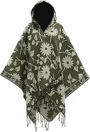 [BAILEYU] Women's Hooded Cloak Shawls Wraps Oversized Cardigan Sweater Tassel Floral Winter Open Front Poncho Cape,Green,One Size