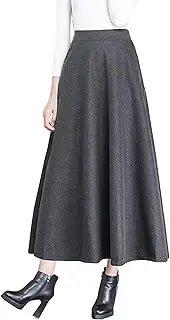 [ZHANCHTONG] Women's High Elastic Waist Maxi Wool Skirt A-line Plaid Winter Warm Flare Long Skirt