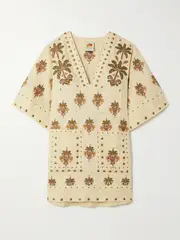 [Farm Rio] Farm Rio - Studded Embroidered Linen Mini Dress - Beige - small small Neutrals