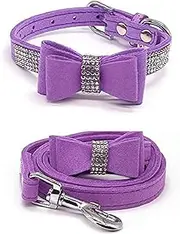 Dog Collar with Leash Set Pet Collars and leashes Adjustable Dog Cat Rhinestone Bowknot Crystal Bling Dog Collar for Small Dogs Medium Dogs (Purple, S)
