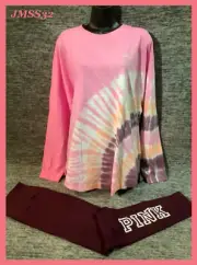 Victoria's Secret Pink Tie Dye Varsity LS Tee Shirt + Leggings Set Hot Pink L XL