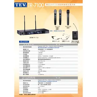 TEV TR-7100 數位UHF真分集接收100頻道無線麥克風