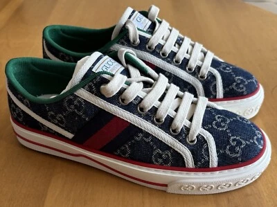 NEW IN BOX 100% AUTHENTIC GUCCI 1977 TENNIS SNEAKERS BLUE MONOGRAM SZ 36.5