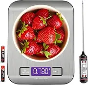 Digital Kitchen Scales Multifunction Food Scale, 5 kg Silver, Stainless Steel Anti-Fingerprint with Accuracy LCD Display for Cooking with Meat Thermometer(Batteries Included)
