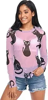 [RPLIFE] Black Cats Pink Mesh Sleeves for Women, Mesh Tops for Women Sexy S-XXL