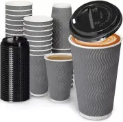 16Oz Coffee Cups with Lid, 100 Pack Insulated Ripple Paper Cups, Disposable Coff