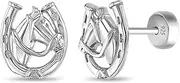 [In Season Jewelry] 925 Sterling Silver Horse Earrings for Girls | Equestrian Horseshoe Safety Back Earrings For Toddlers & Young Ladies Horse Shoe - Lovely For Toddlers to Teen or Horse Lover Kids, Sterling Silver, No