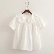 Short-Sleeve Peter Pan Collar Blouse Blue - L