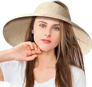[Roniky] Sun Visor Hats for Women- UV UPF 50+ Wide Brim Roll Up Straw Sun Protection Hat Ponytail Summer Beach Hat Foldable