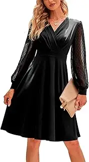 [JENJON] Women Dress Casual Elegant Long Sleeve Dots Retro V Neck A Line Fall Short Dress