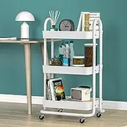 Artiss 3-Tier Kitchen Trolley, Steel Frame Kitchens Storage Rolling Trolleys Cart with Wheels Rack Shelf Organiser, Home Bathroom Wardrobe Laundry Storage Organization Bonus 4 Hooks White