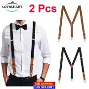 2 PCS Y Back Adjustable Men's Suspenders Leather Y-Shaped Elastic Straps Hooks