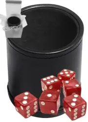 (6) 16mm Marbleized Red Dice + PU Leather Black Felt Lined Cup Sealed Box