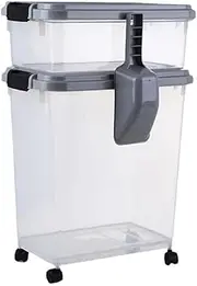 Pet Food Storage Container with Scoop, Flip-up Lid Airtight Container Transparent Cat Food Storage with Four Wheels for Dog & Cat Food Air Tight Food Container