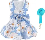 Small Dog Harness Dress and Leash Set Bowknot Puppy Cat Dress for Small Dogs Girl Summer Pet Dog Clothes Soft Mesh Dog Princess Dress Cute Floral Fruit Print Female Dog Dress Outfits (Blue, M)