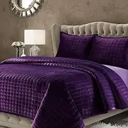 Tribeca Living Velvet King Quilt Set, Three-Piece Box Stitch Bedding Set Includes One Oversized Quilt & Two Sham Pillowcases, 260GSM Super Soft Velvet, Florence/Purple (FLORENCEQUIKIPU)