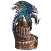 ICE ARMOR 9" H Blue Dragon on Castle Backflow Statue Sculpture Ornament Decor...