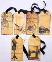 6-Vintage-Sewing-Handmade-Junk Journal-Ephemera-Linen Cardstock-Hang Tags