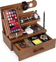 TESLYAR Wood Phone Docking Station with Drawer - Desk Accessories & Workspace Organizer - Nightstand Organizer - Birthday Gifts for Men or Dad - Idea for Anniversary - Key Holder Stand Watch (Beige)