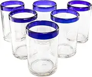 Artisan Crafted Hand Blown Clear Cobalt Blue Rim Recycled Glass Tumblers, 14 Oz, Classic (Set of 6), Eco-Friendly, Durable, Vibrant Mexican Design, Water, Juice, Cocktails, Dishwasher Safe, Gift Idea